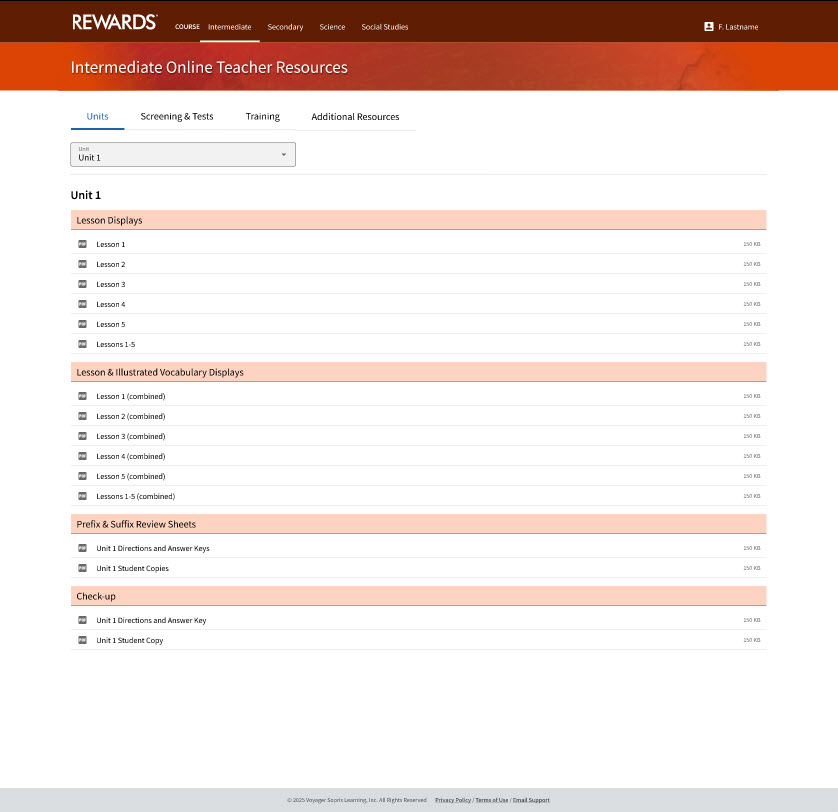 REWARDS teacher resources screen screenshot